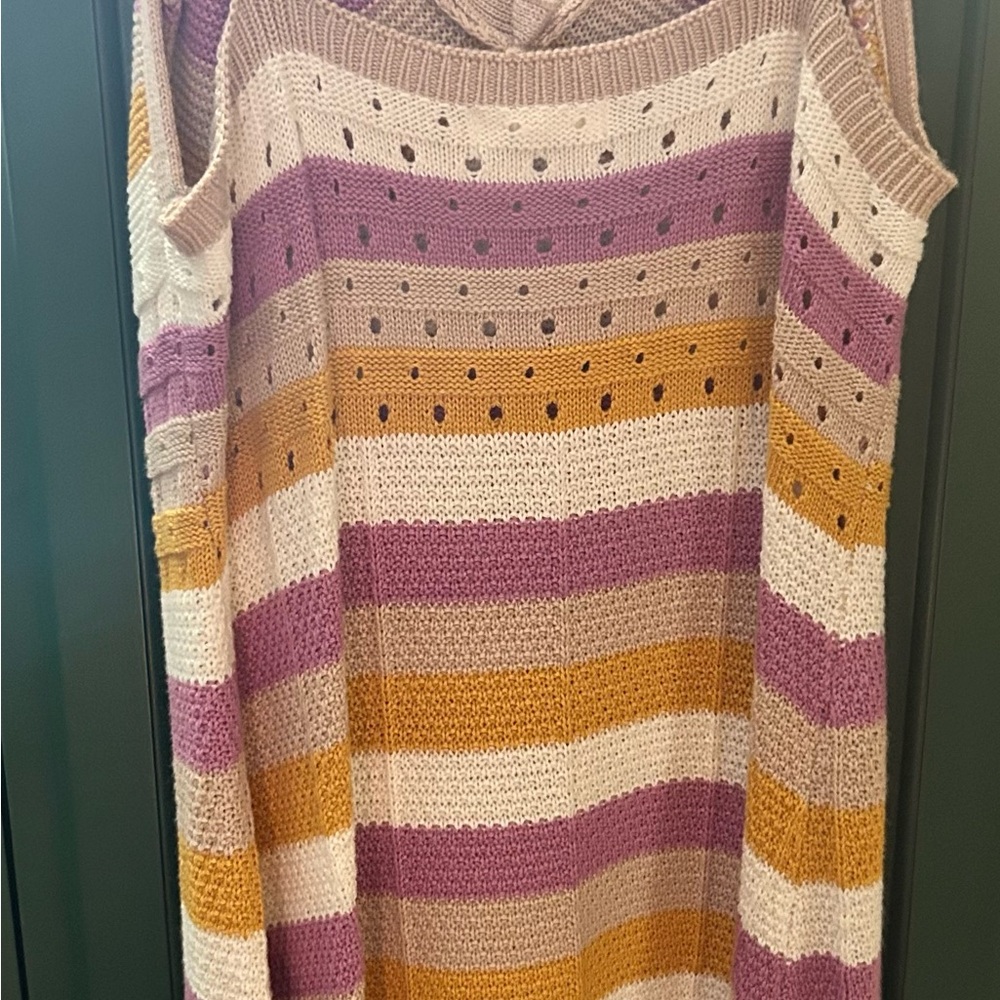 ULTRA FLIRT Striped Knit Crochet Dress in Purple, Tan, Yellow, and Cream - Picture 8 of 8